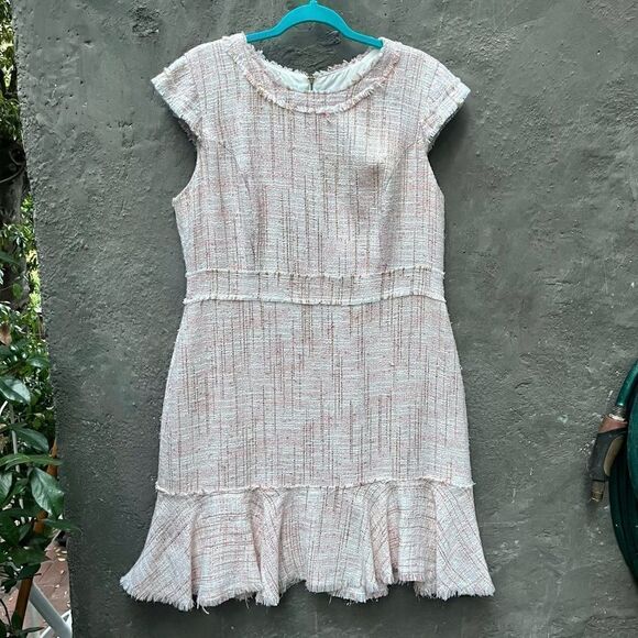 NANETTE LEPORE PASTEL TWEED FRAYED EDGE FLOUNCE DRESS PINK COPPER THREAD SIZE 16 - Picture 12 of 16